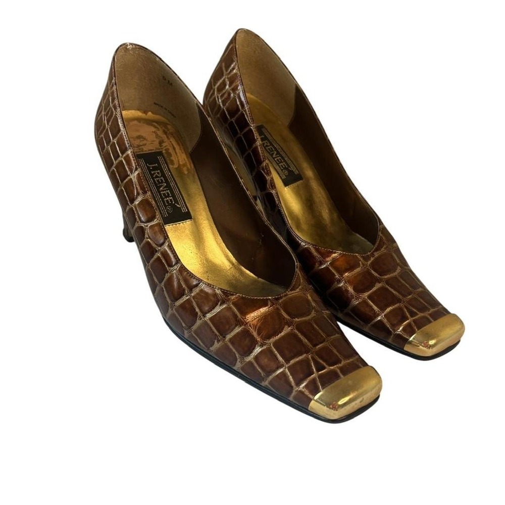 Vintage J. Renee Brown Croc Leather Pumps Gold Cap Toe Heels 9M